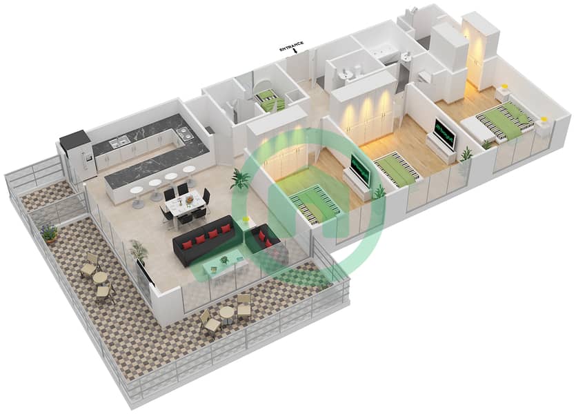 المخططات الطابقية لتصميم النموذج E شقة 3 غرف نوم - برج بانوراما 3 interactive3D