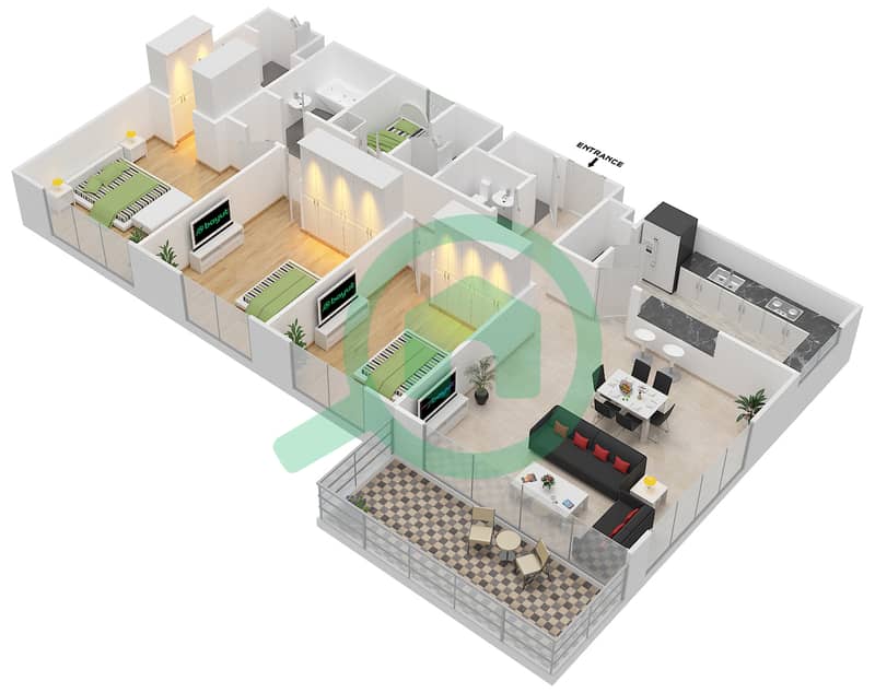 Panorama Tower 3 - 3 Bedroom Apartment Type T Floor plan interactive3D