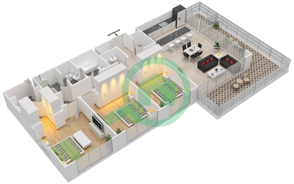 المخططات الطابقية لتصميم النموذج T1 شقة 3 غرف نوم - برج بانوراما 3 interactive3D