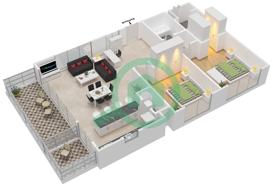 المخططات الطابقية لتصميم النموذج D شقة 2 غرفة نوم - برج بانوراما 3 interactive3D