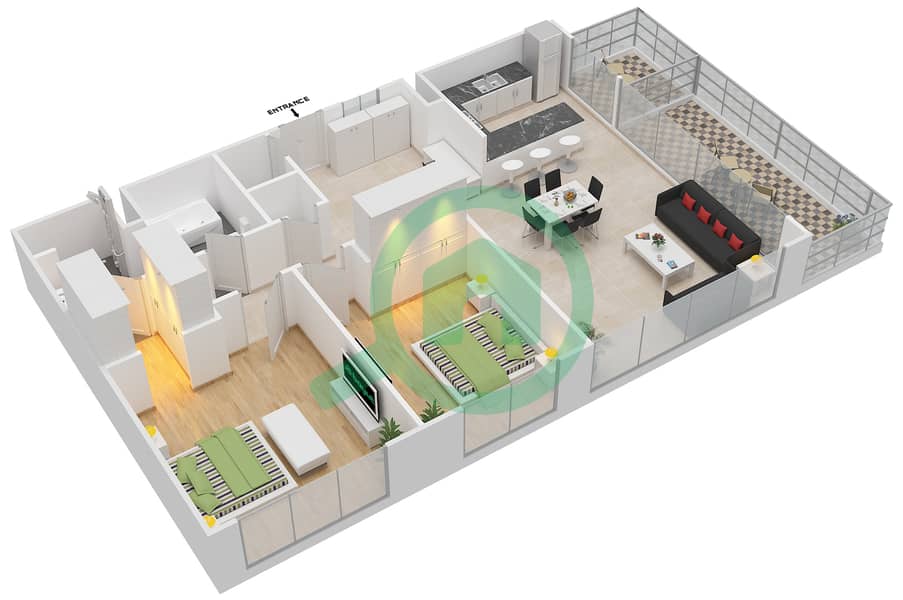 المخططات الطابقية لتصميم النموذج C شقة 2 غرفة نوم - برج بانوراما 3 interactive3D