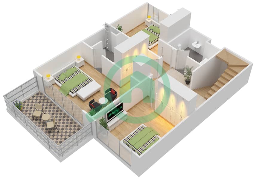 المخططات الطابقية لتصميم النموذج B شقة 3 غرف نوم - برج بانوراما 3 Upper Floor interactive3D