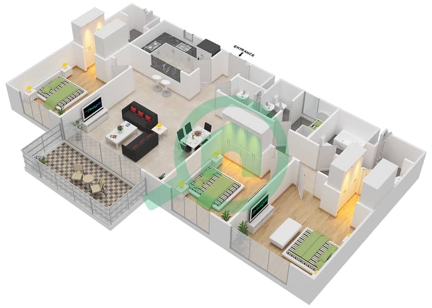 المخططات الطابقية لتصميم النموذج B شقة 3 غرف نوم - برج بانوراما 3 interactive3D