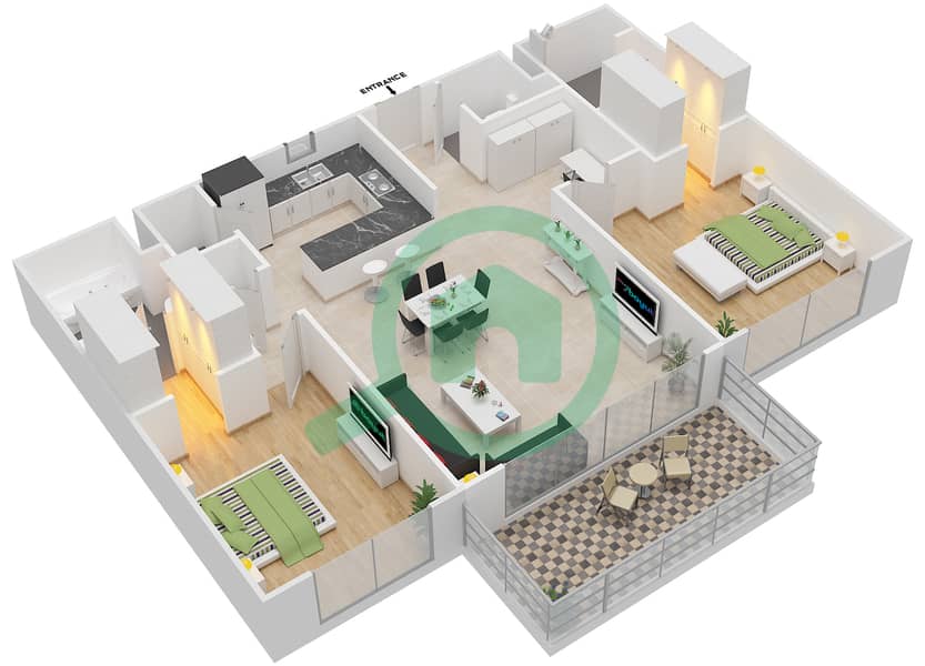 المخططات الطابقية لتصميم النموذج B شقة 2 غرفة نوم - برج بانوراما 3 interactive3D