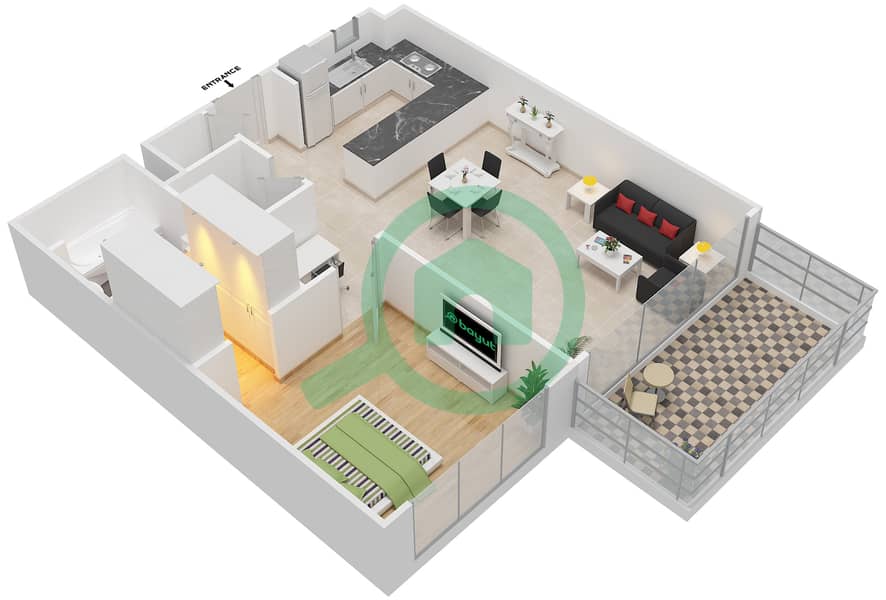 المخططات الطابقية لتصميم النموذج B شقة 1 غرفة نوم - برج بانوراما 3 interactive3D