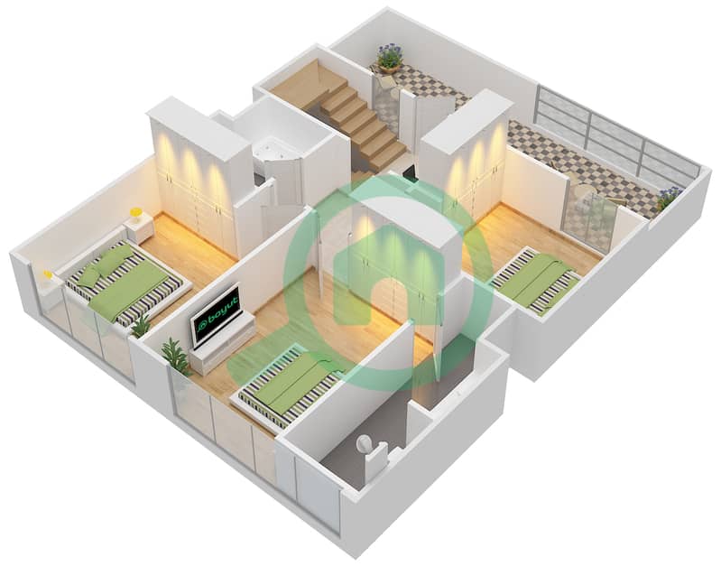 المخططات الطابقية لتصميم النموذج A شقة 3 غرف نوم - برج بانوراما 3 Upper Floor interactive3D