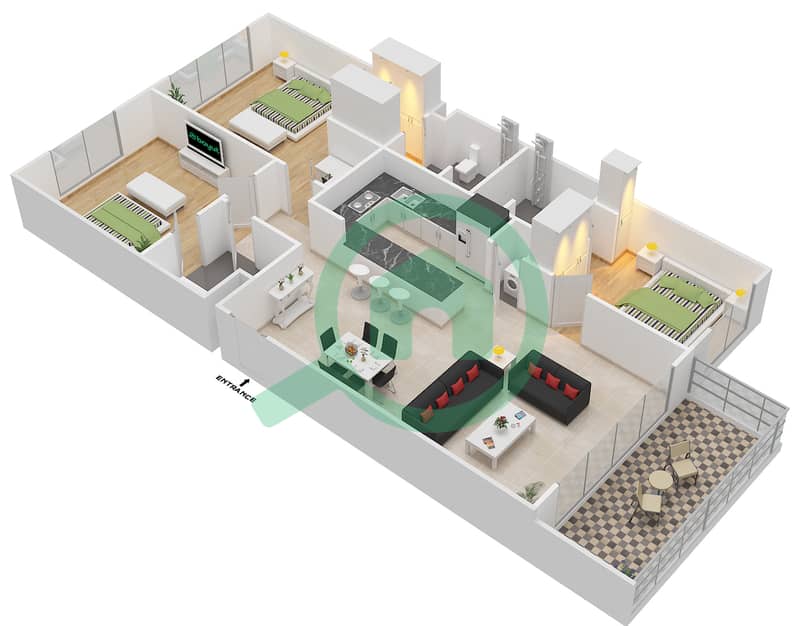 المخططات الطابقية لتصميم النموذج A شقة 3 غرف نوم - برج بانوراما 3 interactive3D