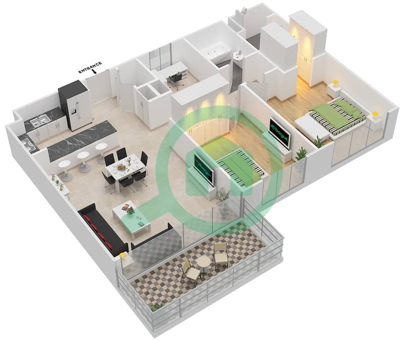 المخططات الطابقية لتصميم النموذج A شقة 2 غرفة نوم - برج بانوراما 3 interactive3D