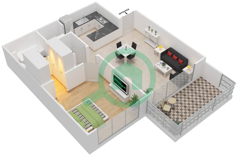 المخططات الطابقية لتصميم النموذج E شقة 1 غرفة نوم - برج بانوراما 3 interactive3D