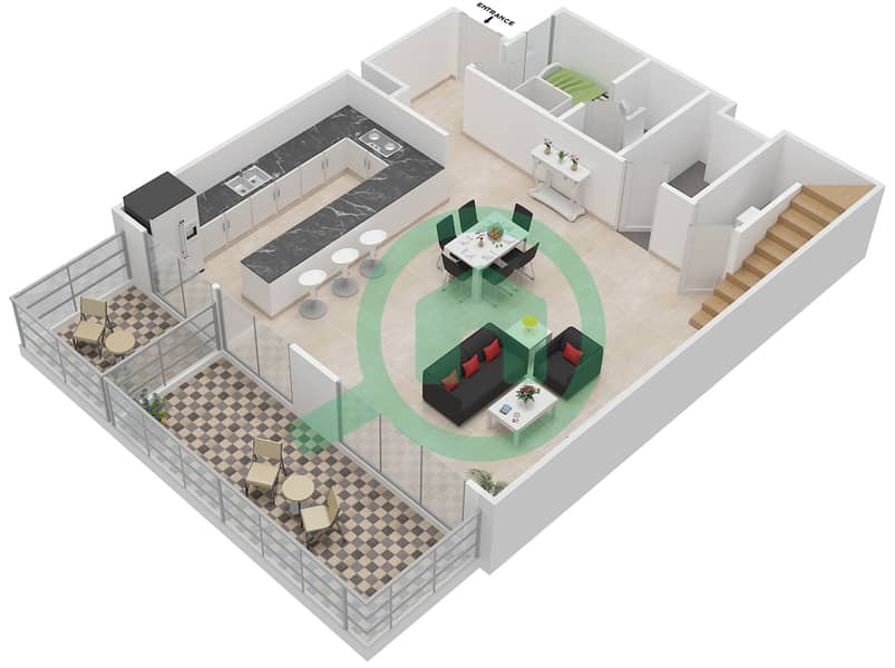 المخططات الطابقية لتصميم النموذج C DUPLEX شقة 3 غرف نوم - برج بانوراما 3 Lower Floor interactive3D