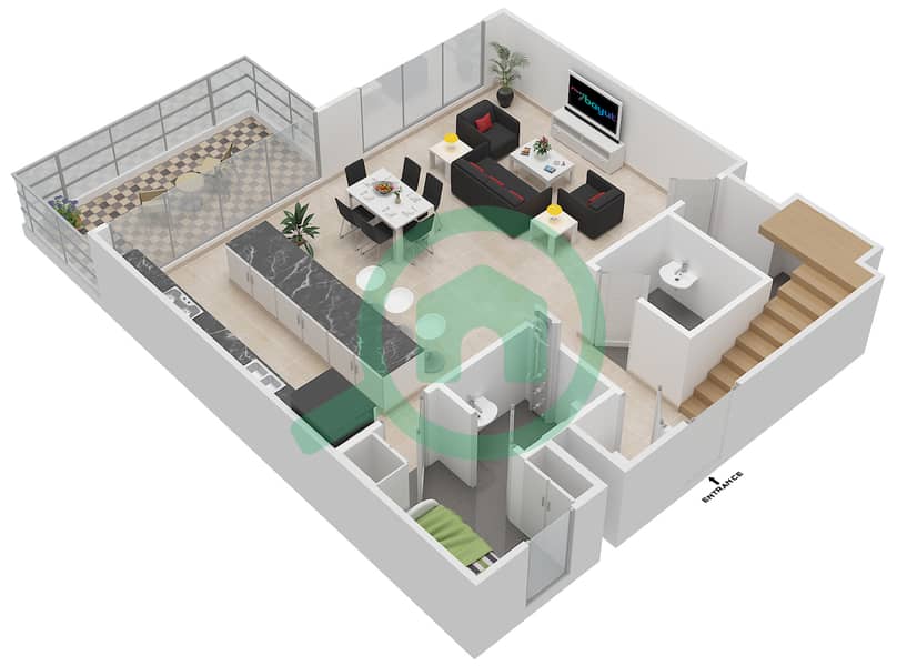 المخططات الطابقية لتصميم النموذج A شقة 3 غرف نوم - برج بانوراما 3 Lower Floor interactive3D