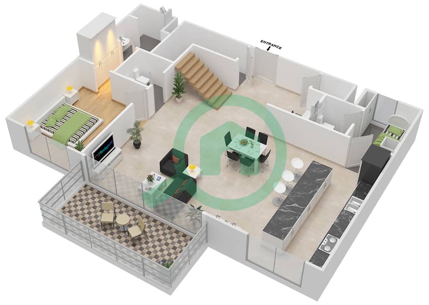 المخططات الطابقية لتصميم النموذج D شقة 3 غرف نوم - برج بانوراما 3 Lower Floor interactive3D