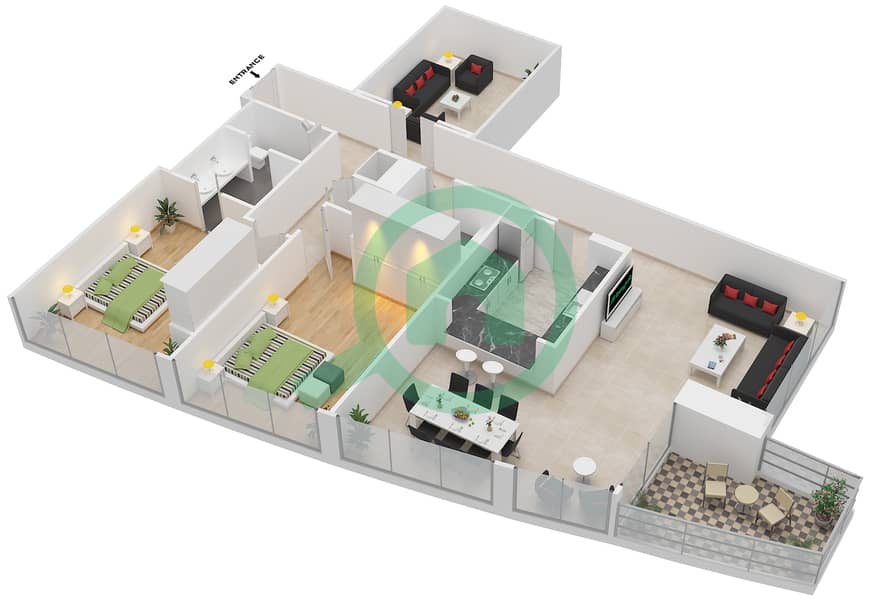 Гольф Тауэр 2 - Апартамент 2 Cпальни планировка Гарнитур, анфилиада комнат, апартаменты, подходящий 02 FLOOR 1-30 interactive3D