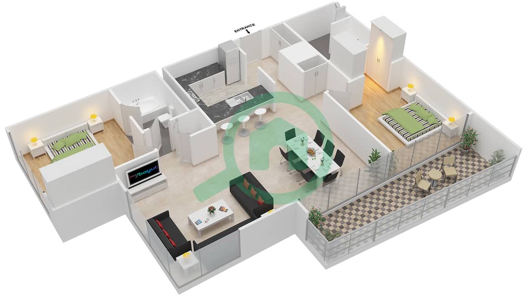 高尔夫大厦3号 - 2 卧室公寓套房01 FLOOR 2戶型图 interactive3D