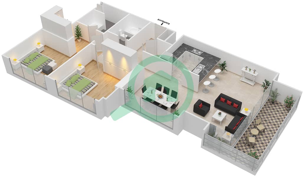 高尔夫大厦3号 - 2 卧室公寓套房03 FLOOR 2戶型图 interactive3D