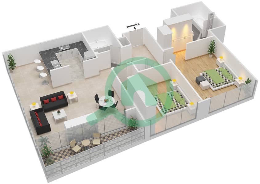 Гольф Тауэр 3 - Апартамент 2 Cпальни планировка Гарнитур, анфилиада комнат, апартаменты, подходящий 04 interactive3D