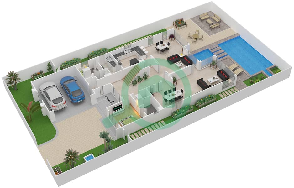 المخططات الطابقية لتصميم النموذج A فیلا 5 غرف نوم - شلالات الراحة Ground Floor interactive3D