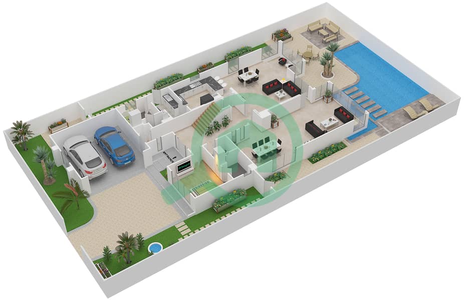 المخططات الطابقية لتصميم النموذج C فیلا 5 غرف نوم - شلالات الراحة Ground Floor interactive3D