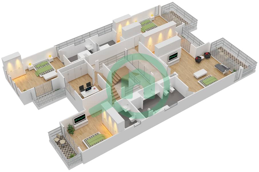 المخططات الطابقية لتصميم النموذج C فیلا 5 غرف نوم - شلالات الراحة First Floor interactive3D