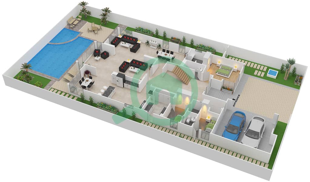 المخططات الطابقية لتصميم النموذج D فیلا 5 غرف نوم - شلالات الراحة Ground Floor interactive3D