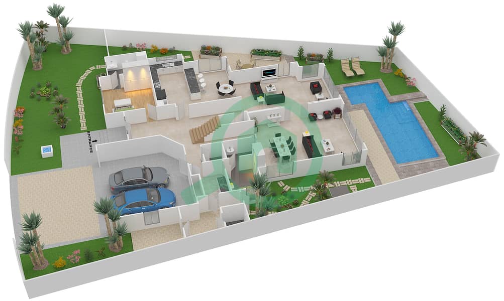 المخططات الطابقية لتصميم النموذج G فیلا 5 غرف نوم - شلالات الراحة Ground Floor interactive3D