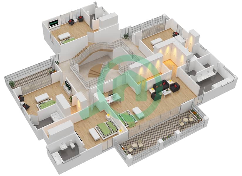 المخططات الطابقية لتصميم النموذج H فیلا 6 غرف نوم - شلالات الراحة First Floor interactive3D
