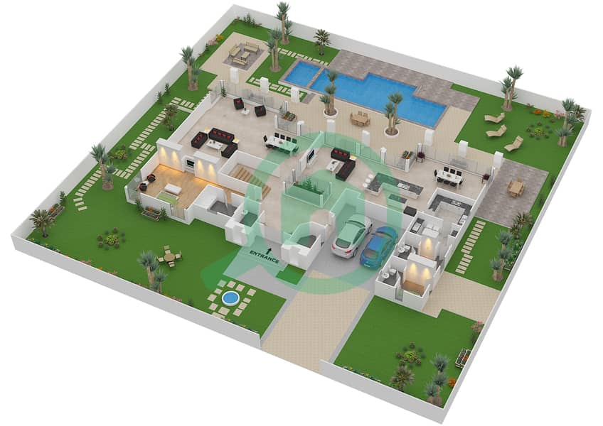 المخططات الطابقية لتصميم النموذج J فیلا 6 غرف نوم - شلالات الراحة Ground Floor interactive3D