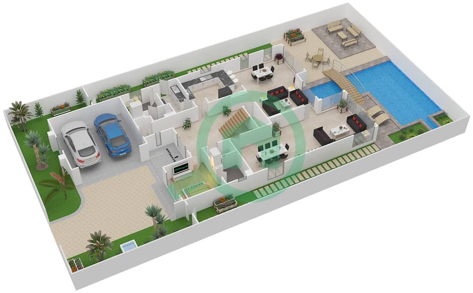 المخططات الطابقية لتصميم النموذج B فیلا 5 غرف نوم - شلالات الراحة Ground Floor interactive3D