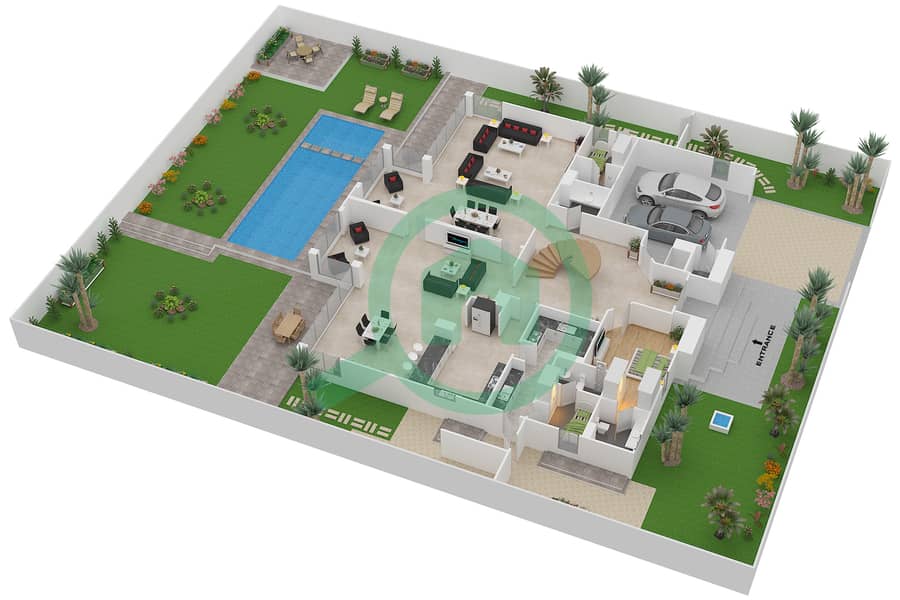 المخططات الطابقية لتصميم النموذج H فیلا 6 غرف نوم - شلالات الراحة Ground Floor interactive3D