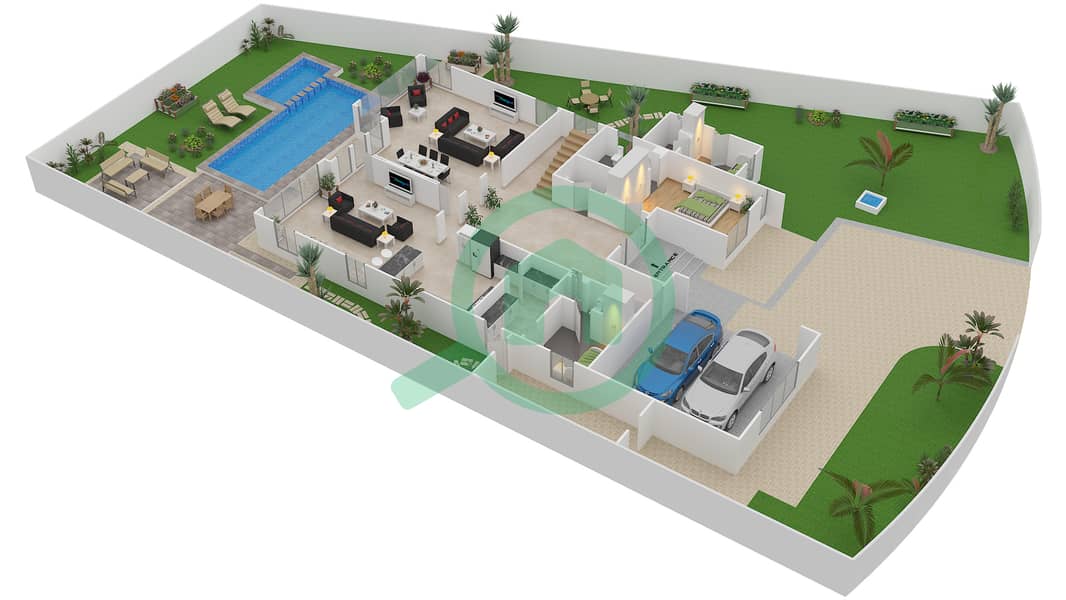 المخططات الطابقية لتصميم النموذج K فیلا 5 غرف نوم - شلالات الراحة Ground Floor interactive3D