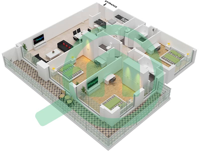 المخططات الطابقية لتصميم النموذج / الوحدة 3B1/14 FLOOR-2-3 شقة 3 غرف نوم - بانثيون إليزيه I Floor-2-3 interactive3D