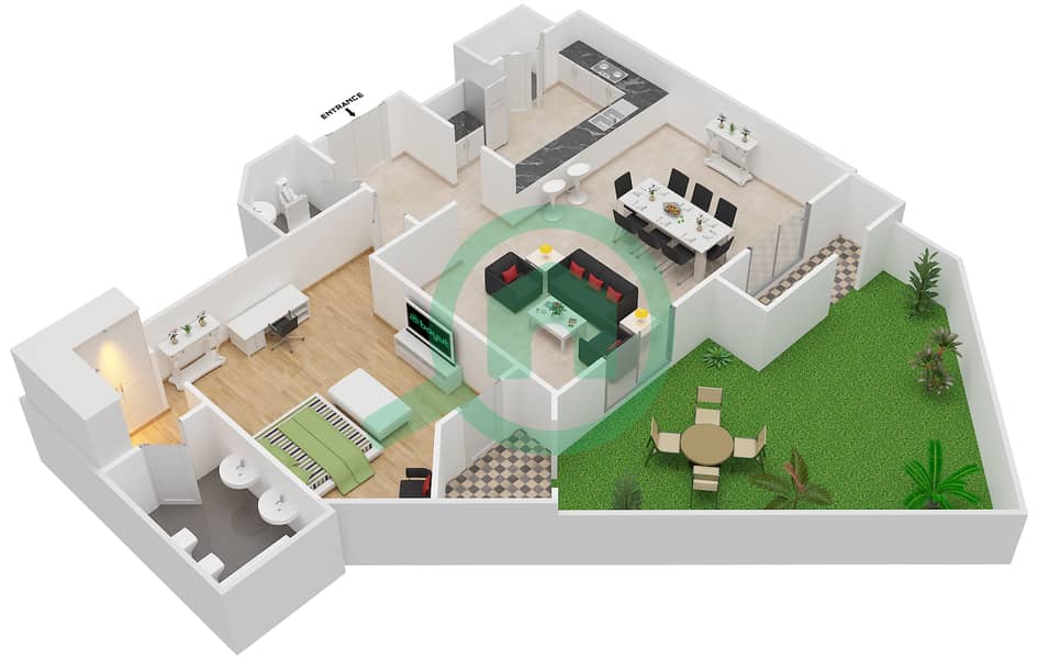 المخططات الطابقية لتصميم النموذج G شقة 1 غرفة نوم - بنايات البادية Ground Floor interactive3D