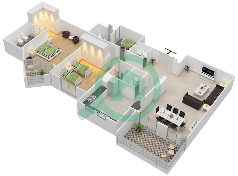 Al Badia Buildings - 2 Bedroom Apartment Type I Floor plan Floor 1-3 interactive3D