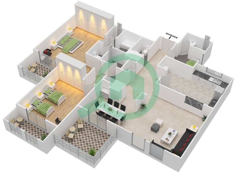 المخططات الطابقية لتصميم النموذج N شقة 2 غرفة نوم - بنايات البادية Floor 4 interactive3D