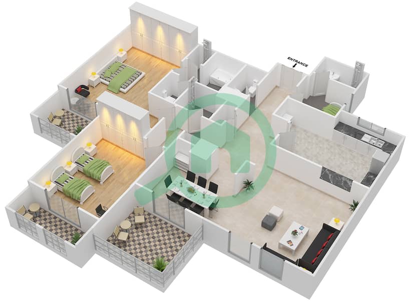 Al Badia Buildings - 2 Bedroom Apartment Type N Floor plan Floor 4 interactive3D