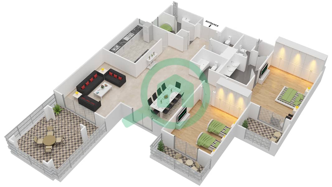 Здание Аль Бадиа - Апартамент 2 Cпальни планировка Тип O Floor 4 interactive3D