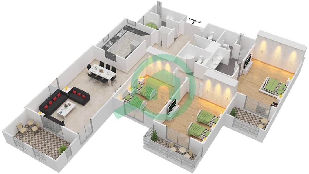 Al Badia Buildings - 3 Bedroom Apartment Type F Floor plan Floor 2 interactive3D