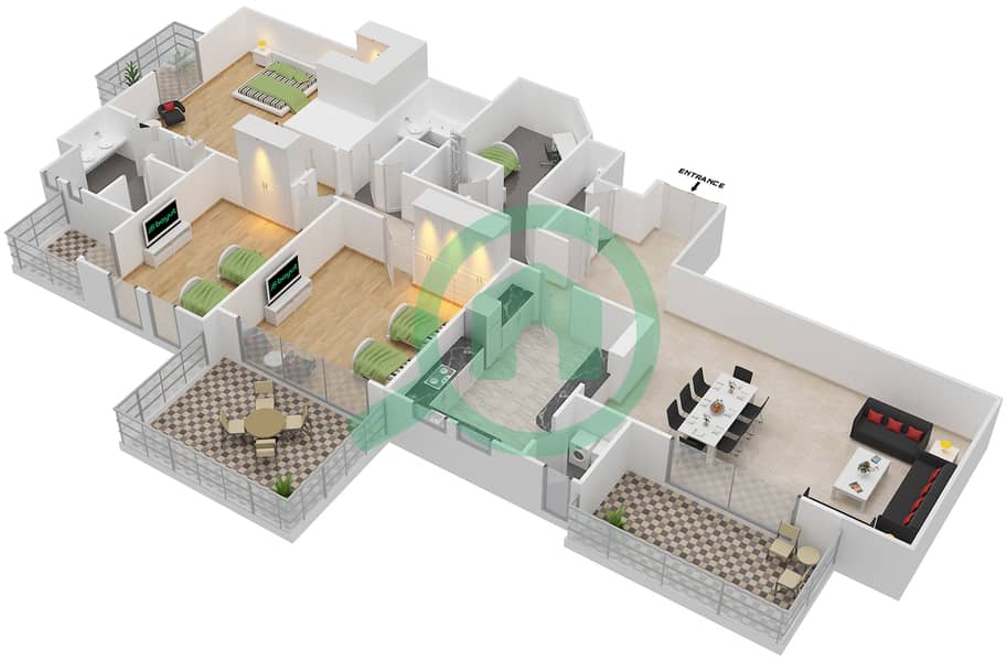المخططات الطابقية لتصميم النموذج M شقة 3 غرف نوم - بنايات البادية Floor 4 interactive3D