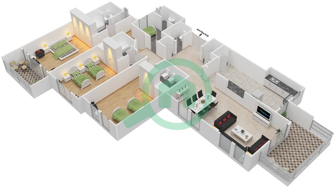 المخططات الطابقية لتصميم النموذج H FLOOR 3 شقة 3 غرف نوم - بنايات البادية Floor 3 interactive3D