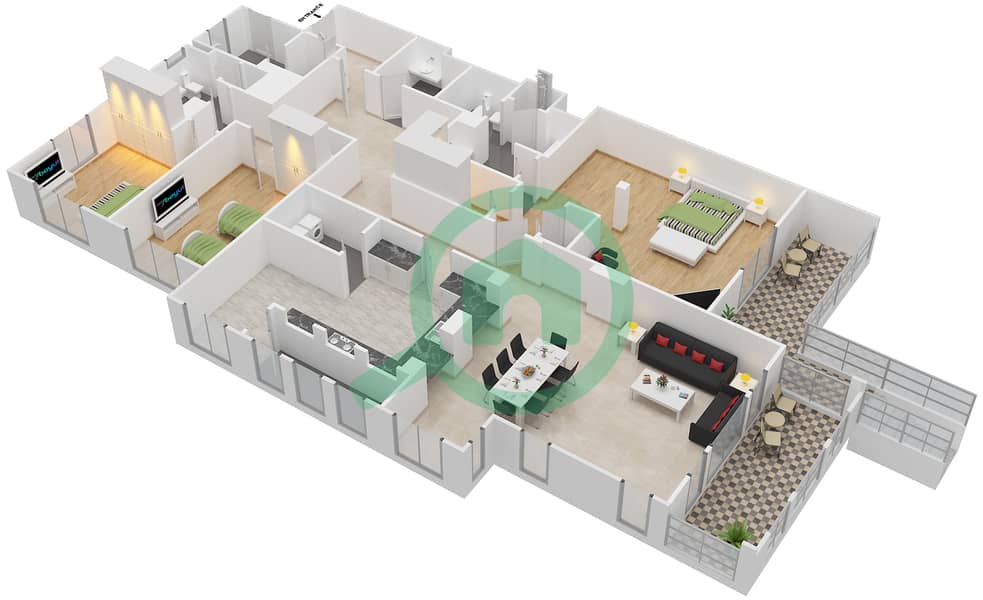 المخططات الطابقية لتصميم النموذج D FLOOR 1-2 شقة 3 غرف نوم - بنايات البادية Floor 1-2 interactive3D