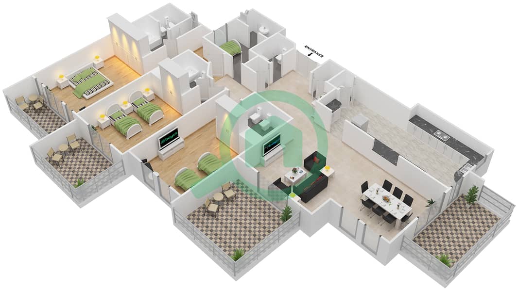 المخططات الطابقية لتصميم النموذج A GROUND FLOOR شقة 3 غرف نوم - بنايات البادية Ground Floor interactive3D