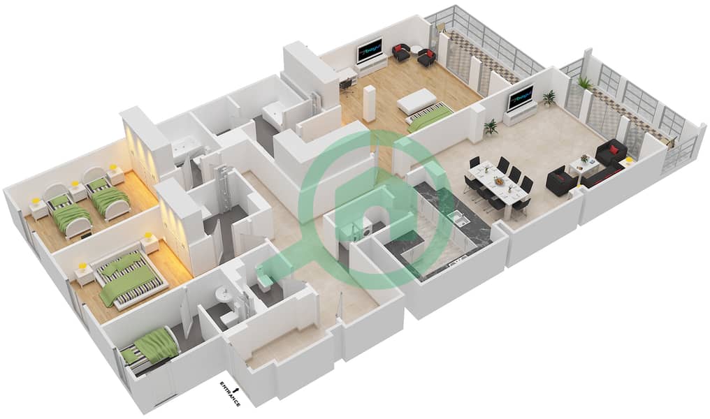 Здание Аль Бадиа - Апартамент 3 Cпальни планировка Тип K FLOOR 3 Floor 3 interactive3D