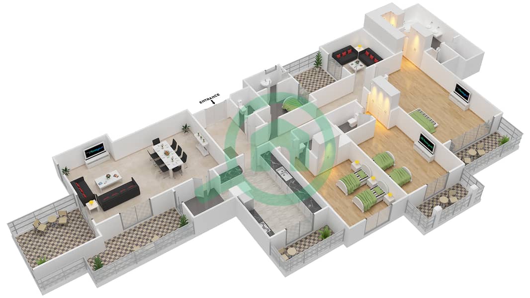 المخططات الطابقية لتصميم النموذج K FLOOR 4 شقة 3 غرف نوم - بنايات البادية Floor 4 interactive3D