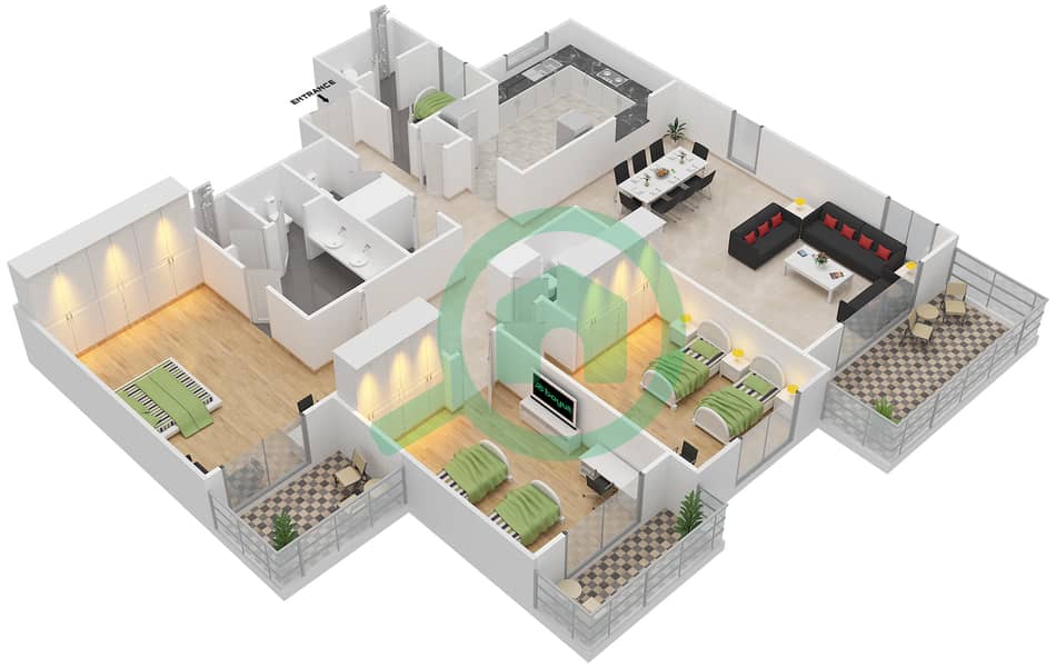 المخططات الطابقية لتصميم النموذج E شقة 3 غرف نوم - بنايات البادية interactive3D