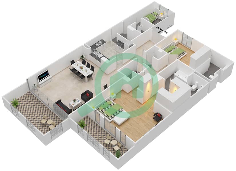 المخططات الطابقية لتصميم النموذج E FLOOR 2 شقة 2 غرفة نوم - بنايات البادية Floor 2 interactive3D