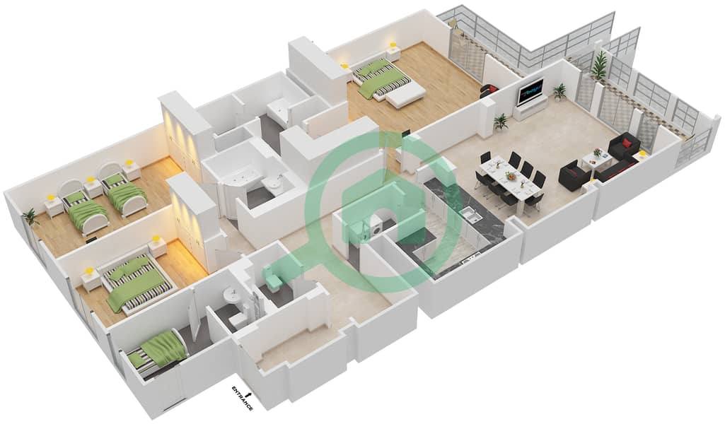 Здание Аль Бадиа - Апартамент 3 Cпальни планировка Тип C FLOOR 1-4 Floor 1-4 interactive3D