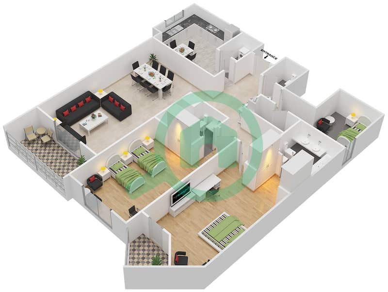 المخططات الطابقية لتصميم النموذج C FLOOR 1-10 شقة 2 غرفة نوم - بنايات البادية Floor 1-10 interactive3D