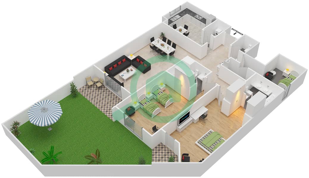 المخططات الطابقية لتصميم النموذج C GROUND FLOOR شقة 2 غرفة نوم - بنايات البادية Ground Floor interactive3D