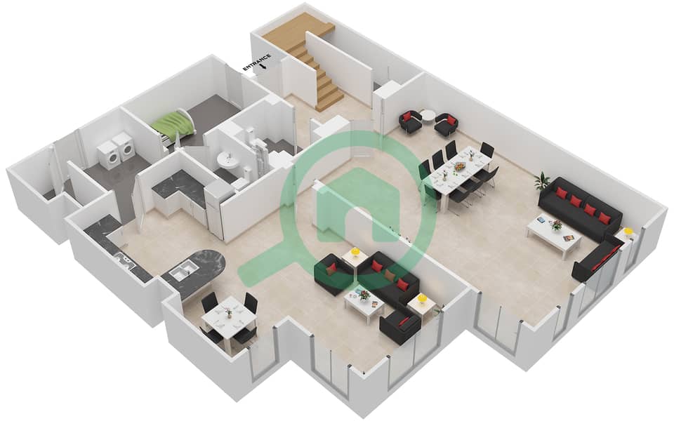 المخططات الطابقية لتصميم النموذج B شقة 3 غرف نوم - بنايات البادية Ground Floor interactive3D