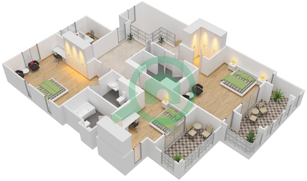 المخططات الطابقية لتصميم النموذج B شقة 3 غرف نوم - بنايات البادية First Floor interactive3D
